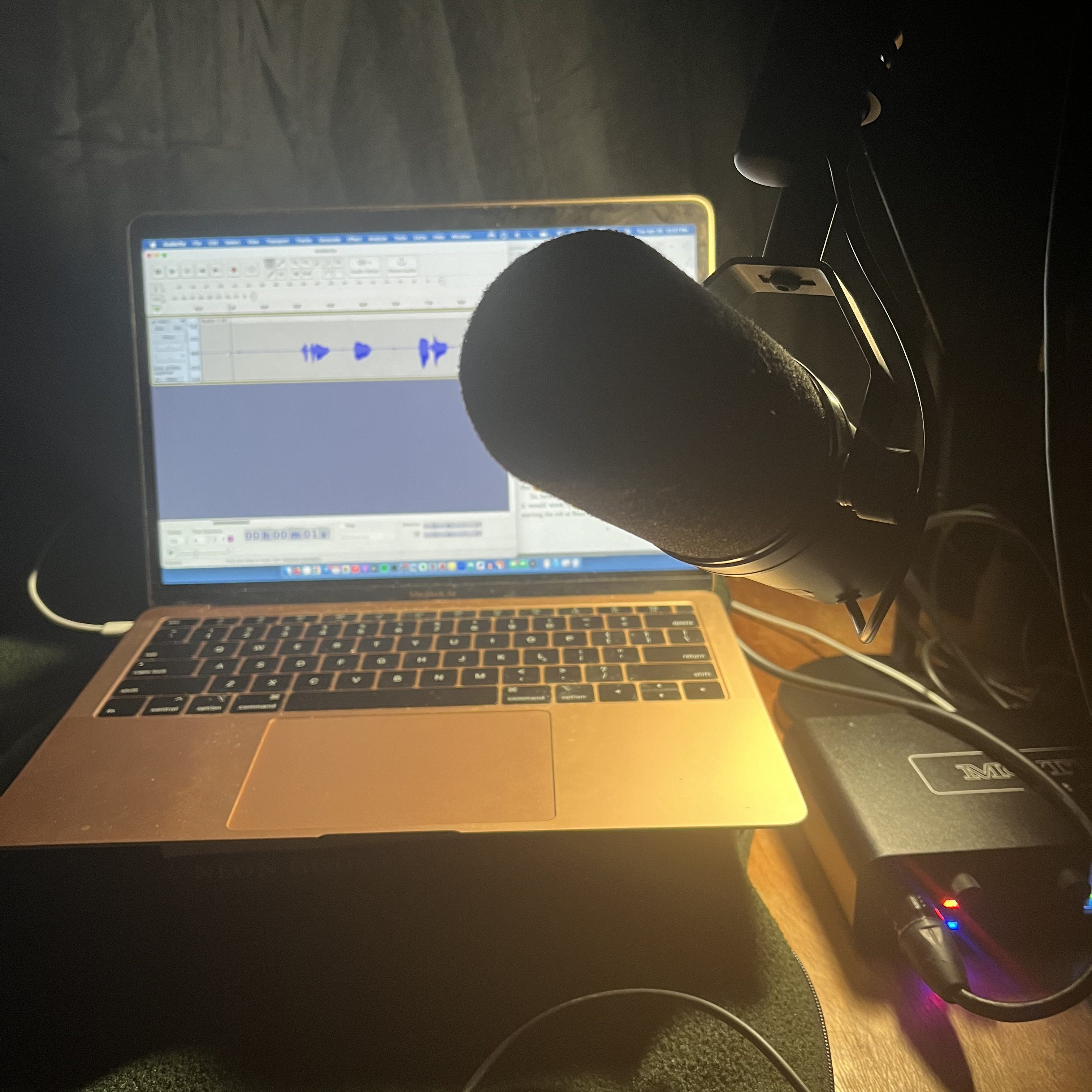 Image of a computer open to Audacity, a microphone blocking part of the view.